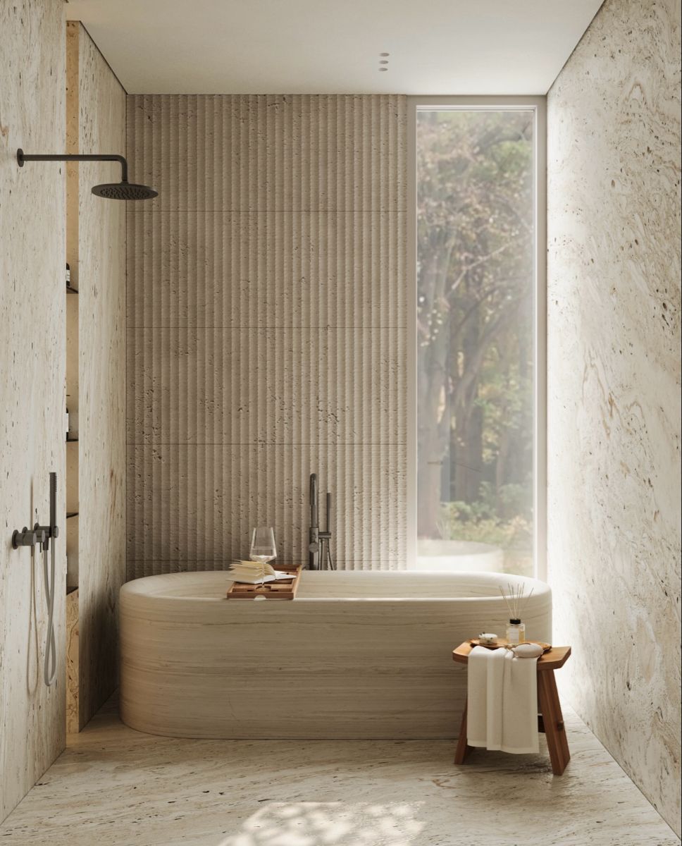белый травертин отделка дома